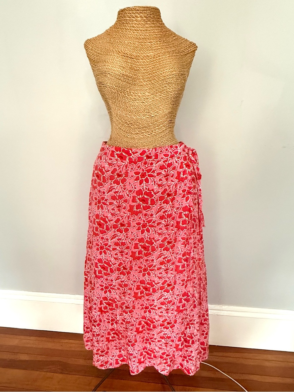 J. Crew Red and Pink Floral Faux Wrap Midi Skirt
